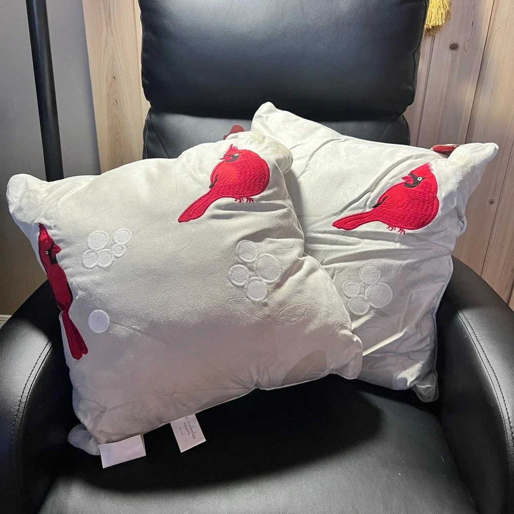2 St. Nicholas Ivory Throw Pillows 14x14 Red Cardinals Christmas‎ Winter Decor